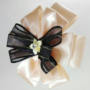 Black & Salmon Organza & Satin Handmade Hair Bow